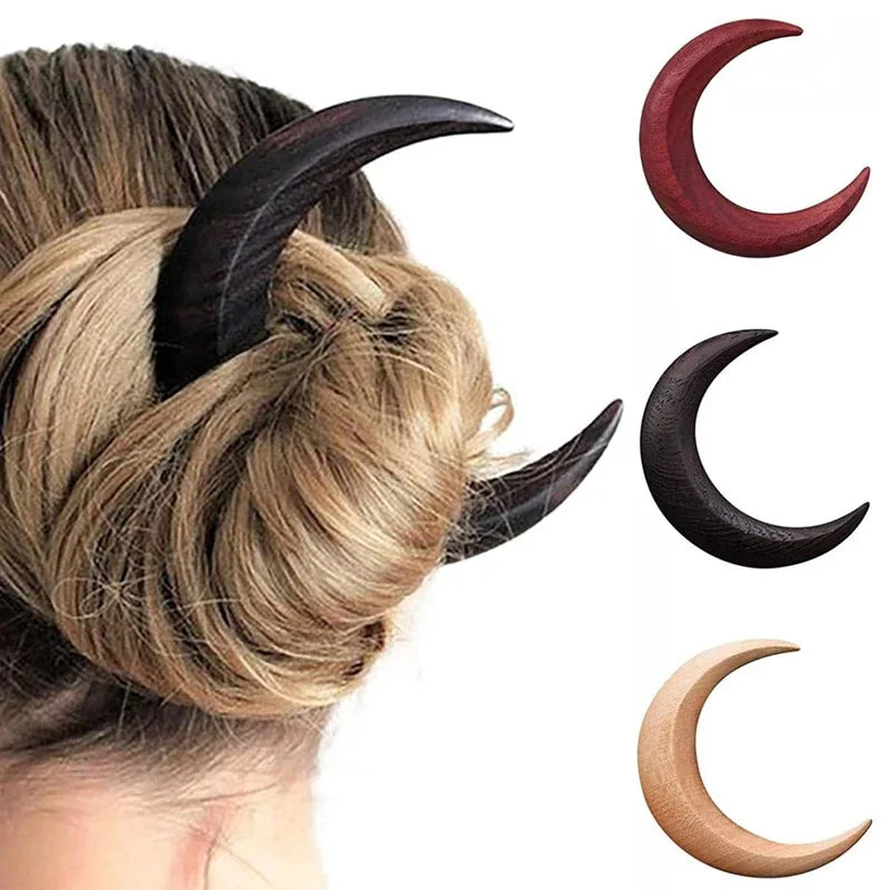 Moon Hair Fork Hairpin for Women 5.12'' Moon Stick Hand Carved Clip Thin Hair Accessories Wooden Barrettes Lightweight Styling Tool