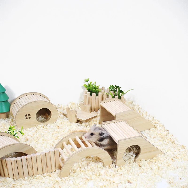 Sofier Hamster Bridges Natural Wooden Hideout Tunnel Ladder Hamster Cage Accessories Chew Toys for Guinea Pig Rat Chinchilla