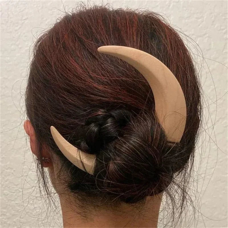 Moon Hair Fork Hairpin for Women 5.12'' Moon Stick Hand Carved Clip Thin Hair Accessories Wooden Barrettes Lightweight Styling Tool