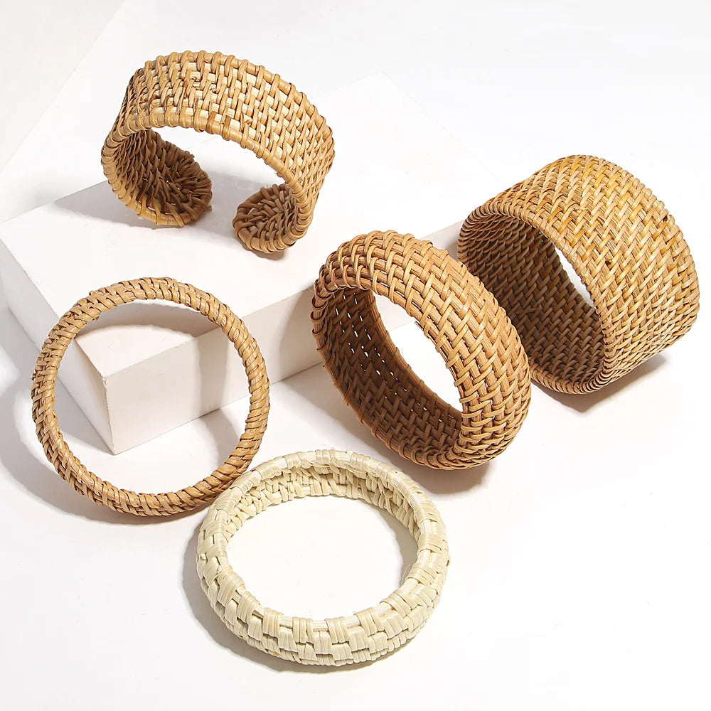 Handwoven Wooden Braided Rattan Knit Cuff Bracelet Natural Bamboo Square Round Geometric Chunky Wrap Bangle for Women Ethnic Tribal Wrist Jewelry