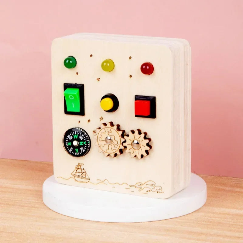 Busy Board Montessori Toys for Toddler, Wooden Sensory Board Switch Toy with Shape Sorter LED Light Up Toys Educational Plane Travel Activity for Girls & Boys