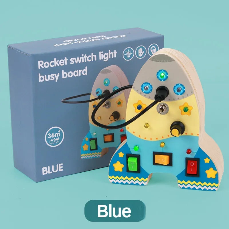 Busy Board Montessori Toys for Toddler, Wooden Sensory Board Switch Toy with Shape Sorter LED Light Up Toys Educational Plane Travel Activity for Girls & Boys