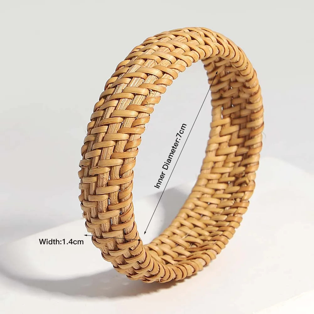 Handwoven Wooden Braided Rattan Knit Cuff Bracelet Natural Bamboo Square Round Geometric Chunky Wrap Bangle for Women Ethnic Tribal Wrist Jewelry