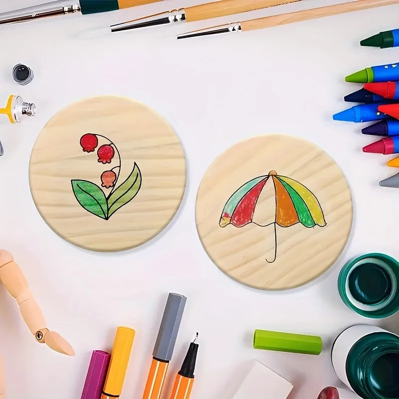 5pc Unfinished Round Wood Coasters, SIJDIEE 4 Inch Blank Wooden Coaster Crafts with Non-Slip Silicon Dots for DIY Stained Painting Wood Engraving Home Decoration