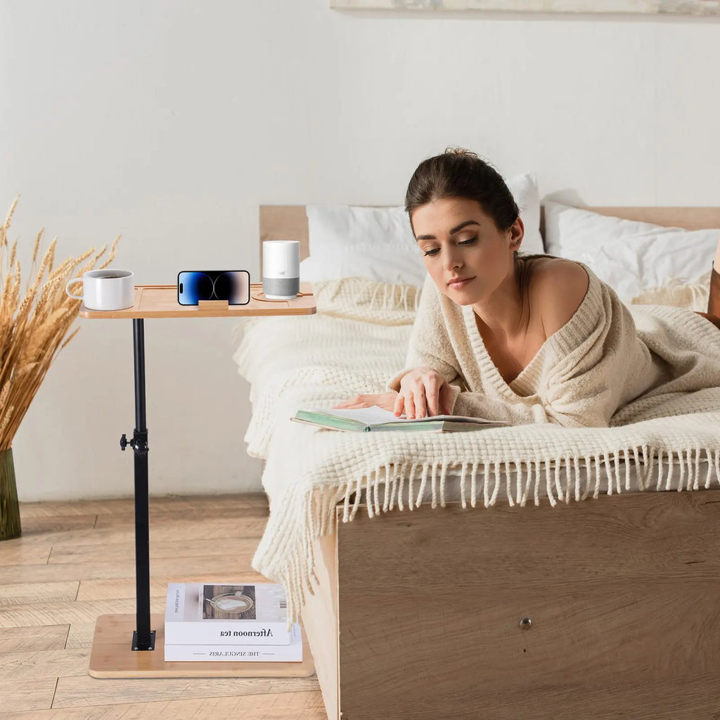 Sofa Couch Arm Table Tv Tray Small Bed Stand C Shaped Side End Tables for Living Room, Bedroom, Bedside Walnut