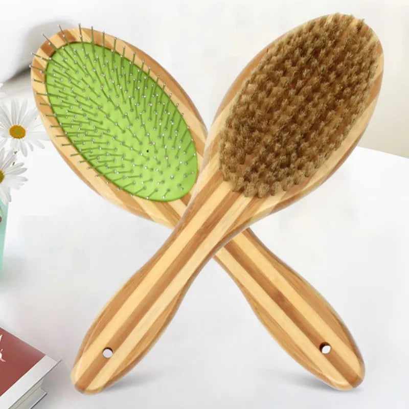 Dog Brush, Double Sided Pet Slicker Brush with Bamboo Handle for Dogs and Cats Long Hair Pets Grooming Comb for Removing Shedding, Tangles and Dead Undercoat