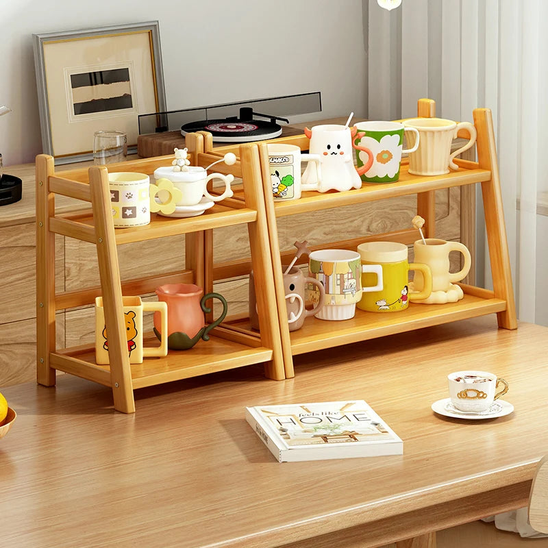 Household 2-Tier Cup Shelf Organizer, Kitchen Counter Shelf for Tea Coffee Bar Accessories, Bamboo Mug Holder Countertop, Matcha Stand, Cup Display, Condiment Storage Rack - Natural