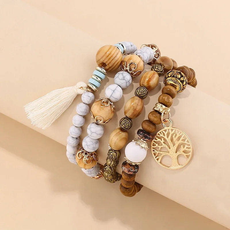 Tree of Life Bracelets for Women Bohemian Stretch Wood Beaded Bracelets for Women Boho Tassel Bracelet Multilayer Stackable Bracelets Christmas Birthday Jewelry for women.
