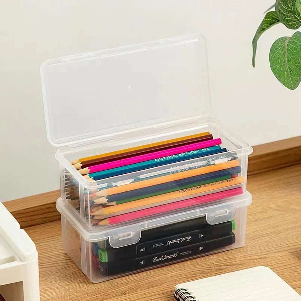 1 Pack Pencil Case, Clear Pencil Box with Stickers, Large Plastic Crayon Box with Snap-tight Lid, Stackable Storage Box Art Craft Marker Organizer Box for Kids Boys Back to School, Clear