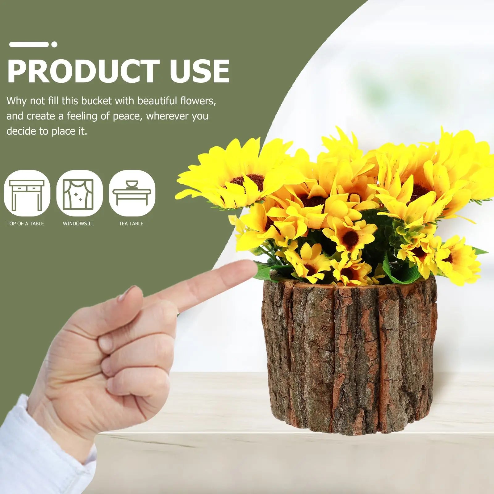 Natural Wood Flower Pot & Tree Stump Planter - Artificial Plants & Rustic Bark Decoration
