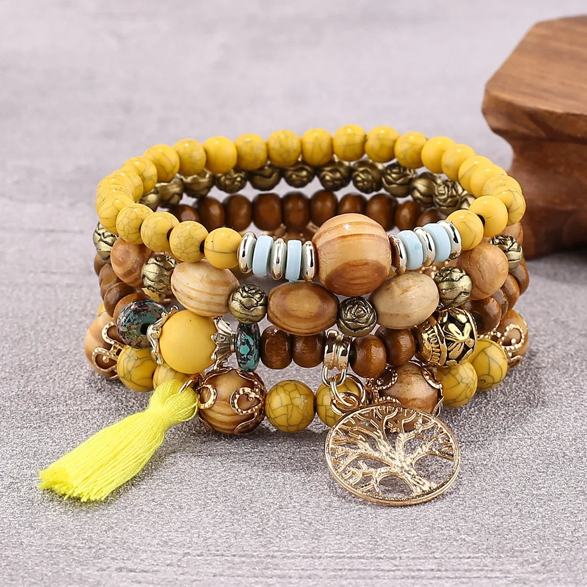 Tree of Life Bracelets for Women Bohemian Stretch Wood Beaded Bracelets for Women Boho Tassel Bracelet Multilayer Stackable Bracelets Christmas Birthday Jewelry for women.