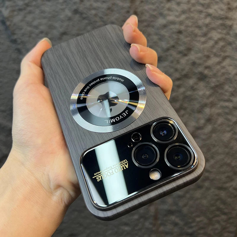 Wood Grain Large Window Magnetic Wireless Charging Case for iPhone 11 12 13 14 Pro Max Plus Camera Protection Cover,Brown,for iPhone 12