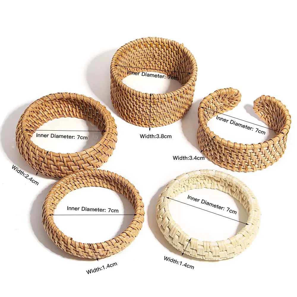 Handwoven Wooden Braided Rattan Knit Cuff Bracelet Natural Bamboo Square Round Geometric Chunky Wrap Bangle for Women Ethnic Tribal Wrist Jewelry