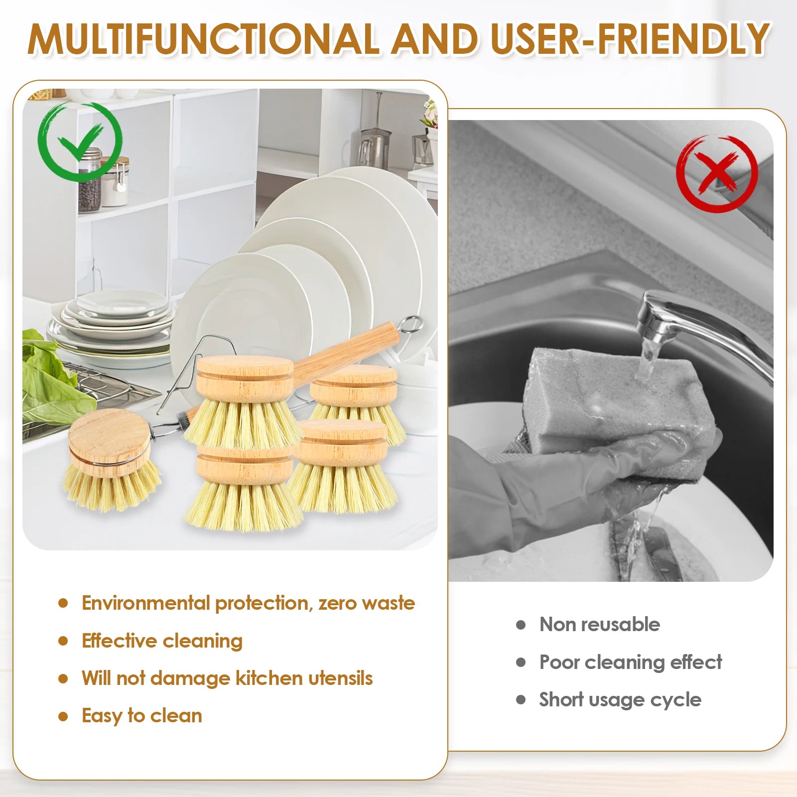 4/5 Piece Bamboo Dish Brush Set with Coconut Sponge - Wooden Dish Brush with Sisal and Palm Fiber, Natural Bamboo Dish Scrub Brush for Kitchen Cleaning Dishes, Pots, Pans, Bottles, Vegetables