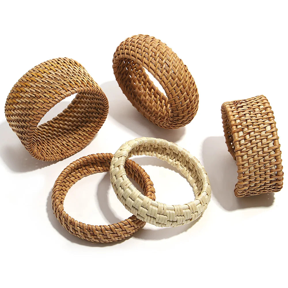 Handwoven Wooden Braided Rattan Knit Cuff Bracelet Natural Bamboo Square Round Geometric Chunky Wrap Bangle for Women Ethnic Tribal Wrist Jewelry