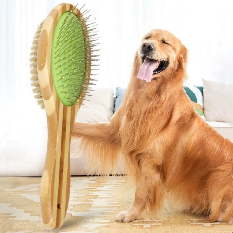 Dog Brush, Double Sided Pet Slicker Brush with Bamboo Handle for Dogs and Cats Long Hair Pets Grooming Comb for Removing Shedding, Tangles and Dead Undercoat
