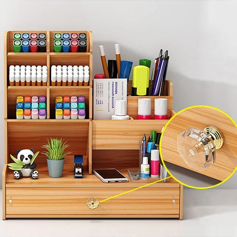 Bamboo Desk Organizer - Makeup & Pen Storage with Drawer & Pencil Holder for Office Organization
