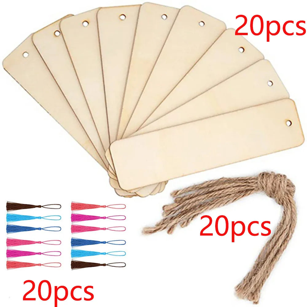 10/20/40/60 Pieces Wood Bookmark Blank Bulk Unfinished Bookmarks with Tassels DIY Craft Wooden Hanging Tag Ornaments with Holes for Back to School Classroom Christmas Gift