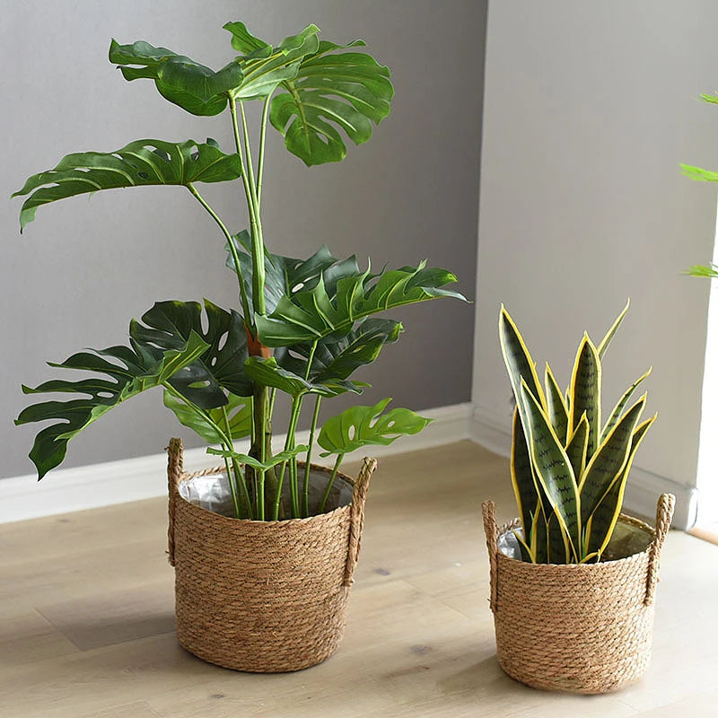 Plant Basket, Plant Baskets Indoor with Plastic Liner, Water Hyacinth Woven Planters Flower Basket, Planter Basket for Rustic Boho Home Farmhouse Floor Potted Pots Decor