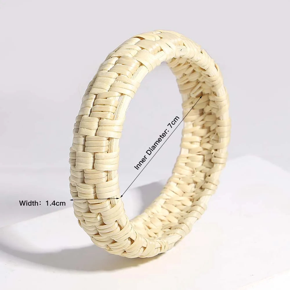 Handwoven Wooden Braided Rattan Knit Cuff Bracelet Natural Bamboo Square Round Geometric Chunky Wrap Bangle for Women Ethnic Tribal Wrist Jewelry