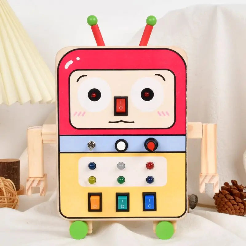 Busy Board Montessori Toys for Toddler, Wooden Sensory Board Switch Toy with Shape Sorter LED Light Up Toys Educational Plane Travel Activity for Girls & Boys