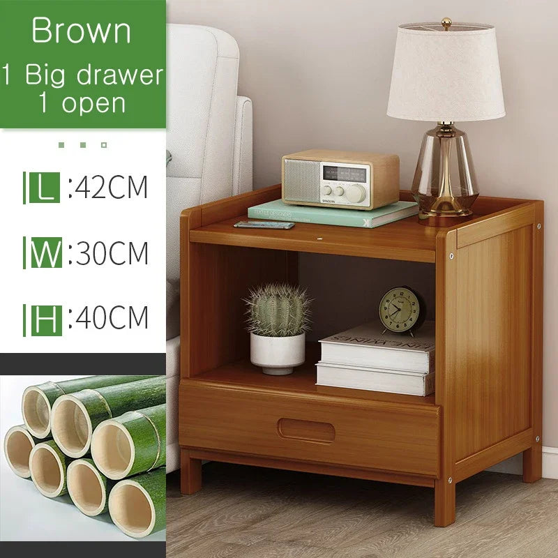 Rattan Nightstand, Boho Side Table with Drawer Open Shelf, Cane Accent Bedside End Table with Solid Wood Legs for Bedroom, Dorm and Small Spaces