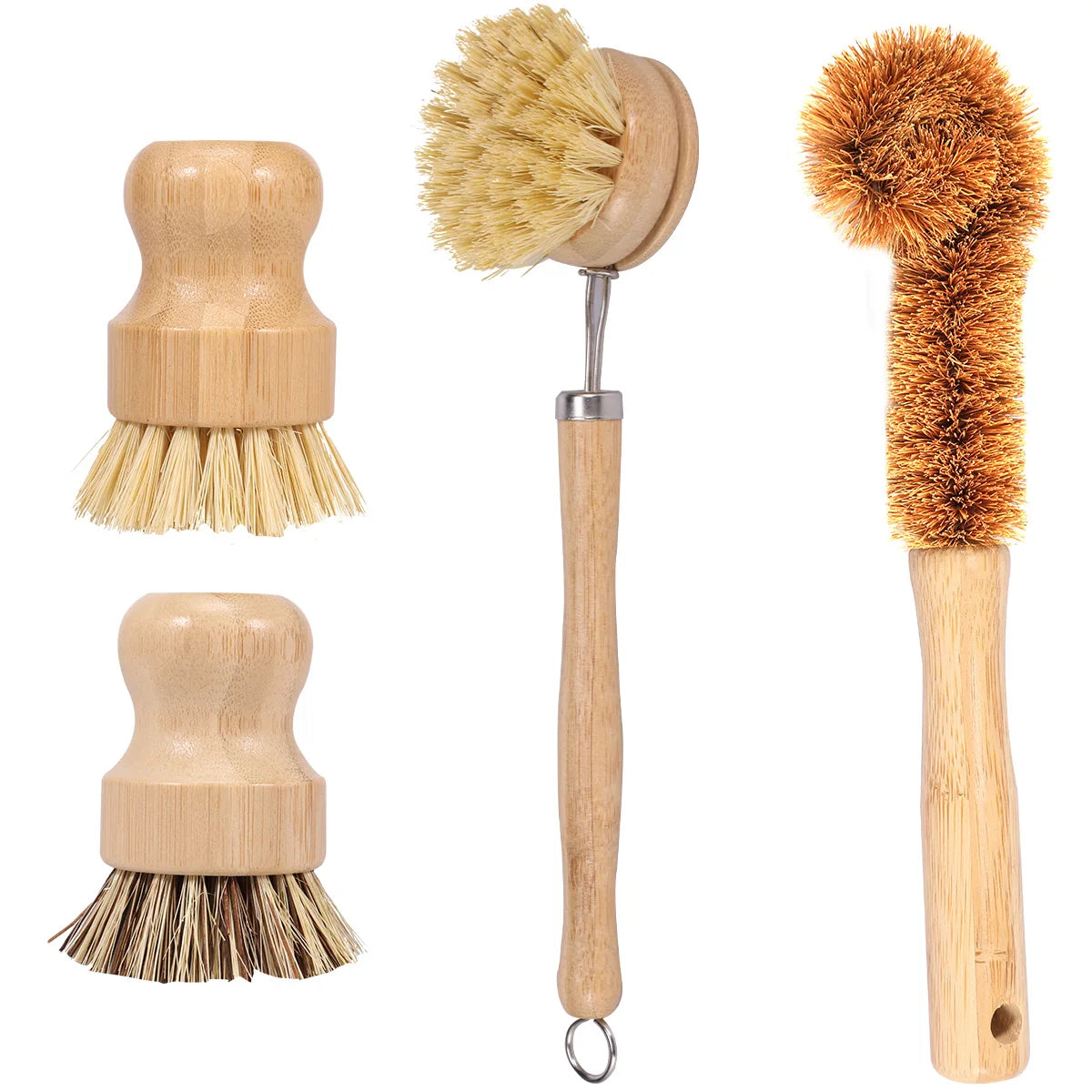 4/5 Piece Bamboo Dish Brush Set with Coconut Sponge - Wooden Dish Brush with Sisal and Palm Fiber, Natural Bamboo Dish Scrub Brush for Kitchen Cleaning Dishes, Pots, Pans, Bottles, Vegetables