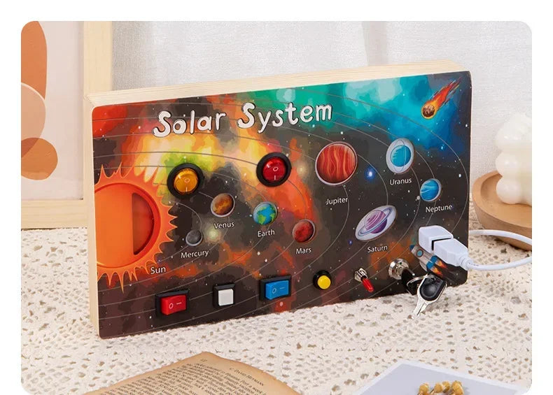 Busy Board Montessori Toys for Toddler, Wooden Sensory Board Switch Toy with Shape Sorter LED Light Up Toys Educational Plane Travel Activity for Girls & Boys