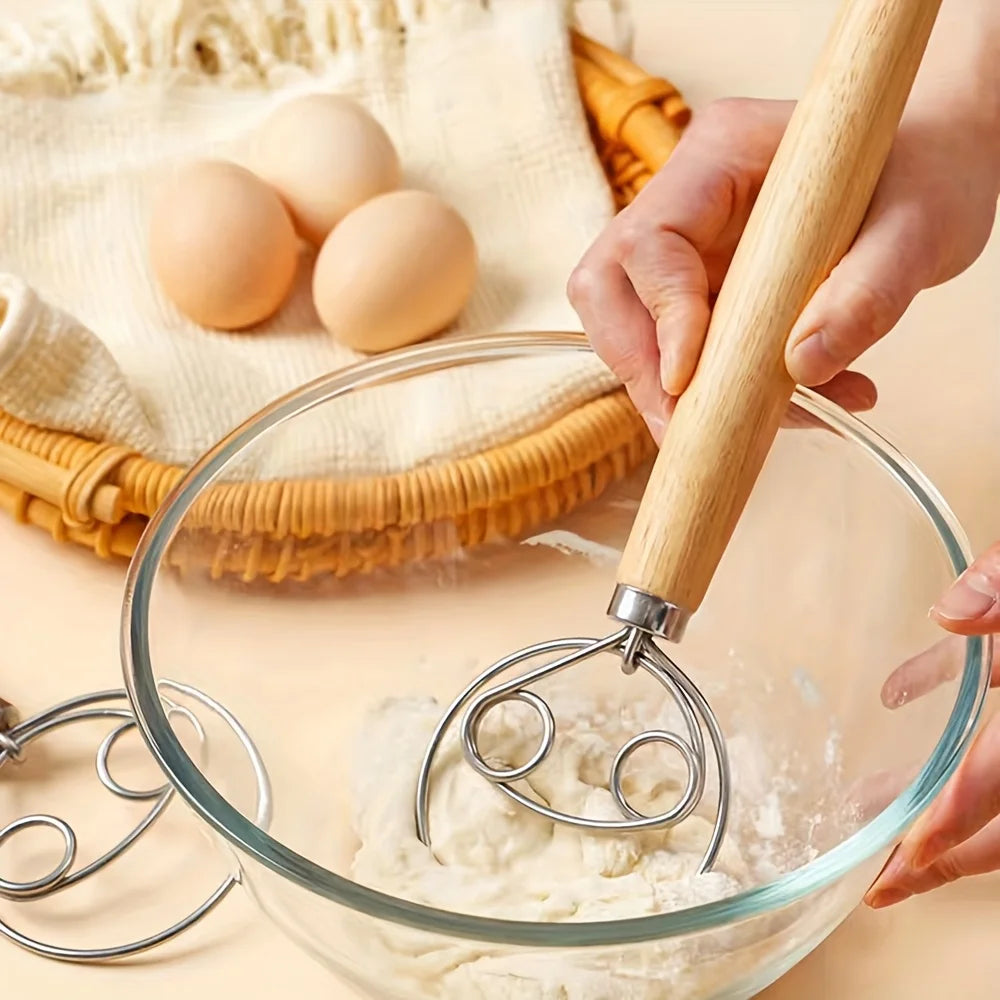 Danish Dough Whisk Stainless Steel Dough Hook Dutch Whisk for Sourdough Bread Dough Mixer Hand Wooden Handle Kitchen Whisking Mixing Tool Bread Making Tools and Supplies
