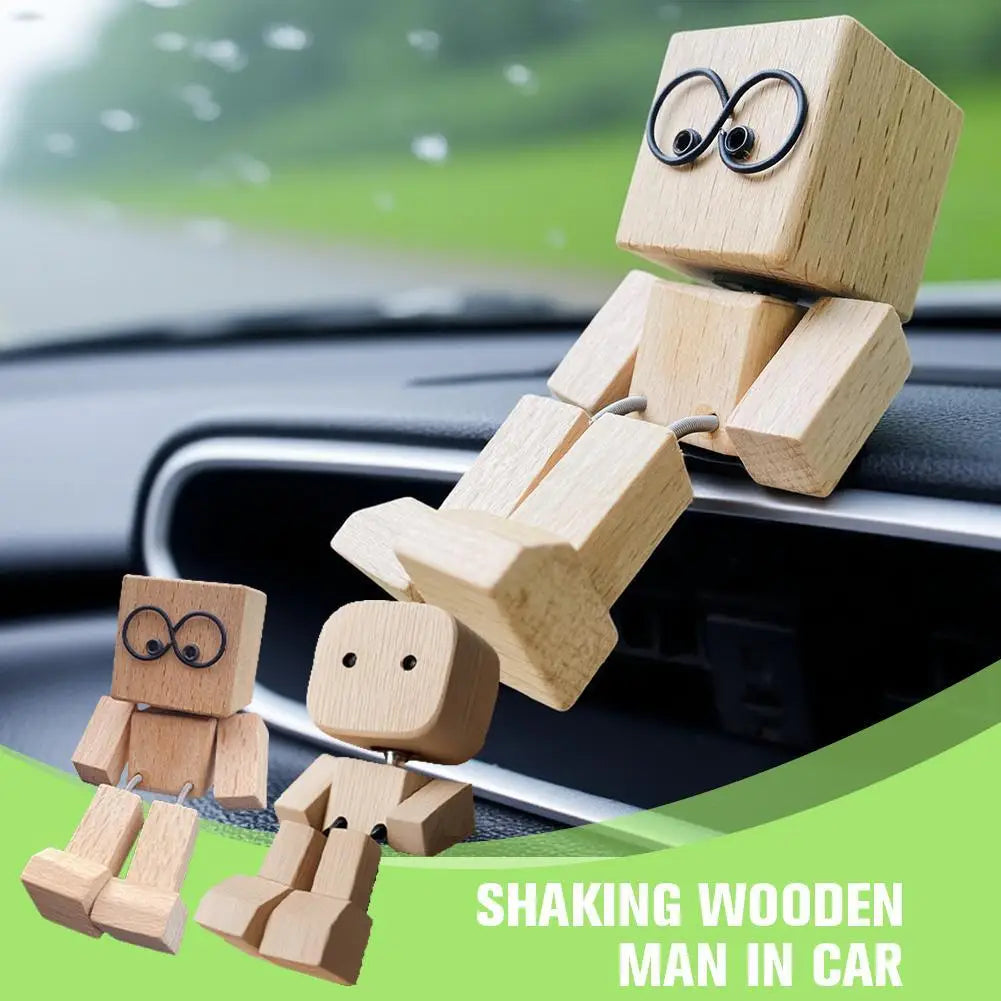 Shaking Wooden Man Figurine, Handmade Shaking Feet Wooden Doll, Car Ornaments,Funny Wood Desktop Decor, Creative Gifts Commutes with Multiple Magnetic Decorations, Car Dashboard Decorations