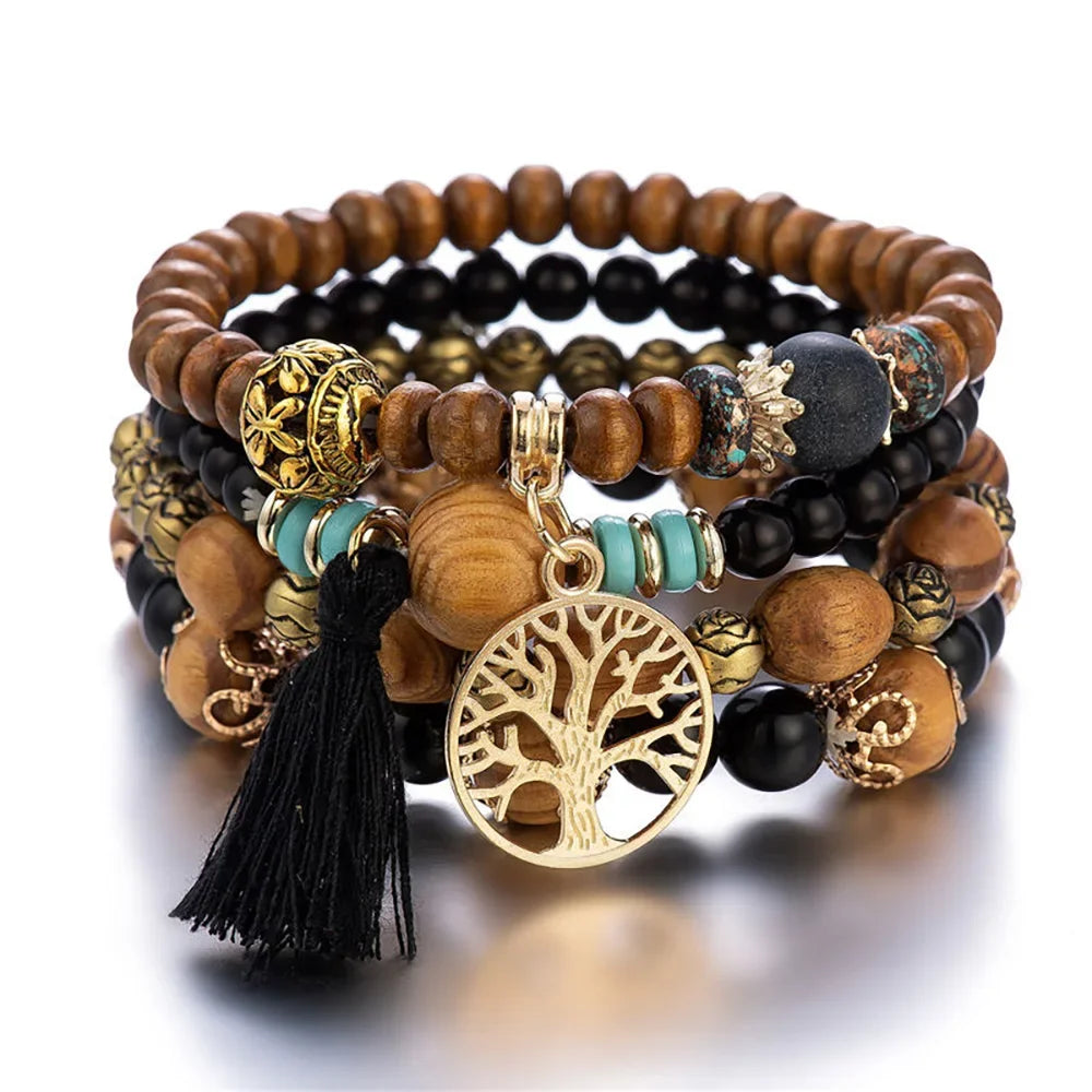 Tree of Life Bracelets for Women Bohemian Stretch Wood Beaded Bracelets for Women Boho Tassel Bracelet Multilayer Stackable Bracelets Christmas Birthday Jewelry for women.
