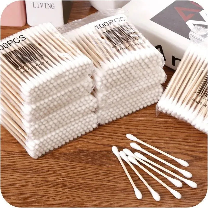 500 Count Cotton Swabs, Natural Double Round Strong Wooden Cotton Tip Sticks Buds for Ears, Cruelty-Free Ear Swabs