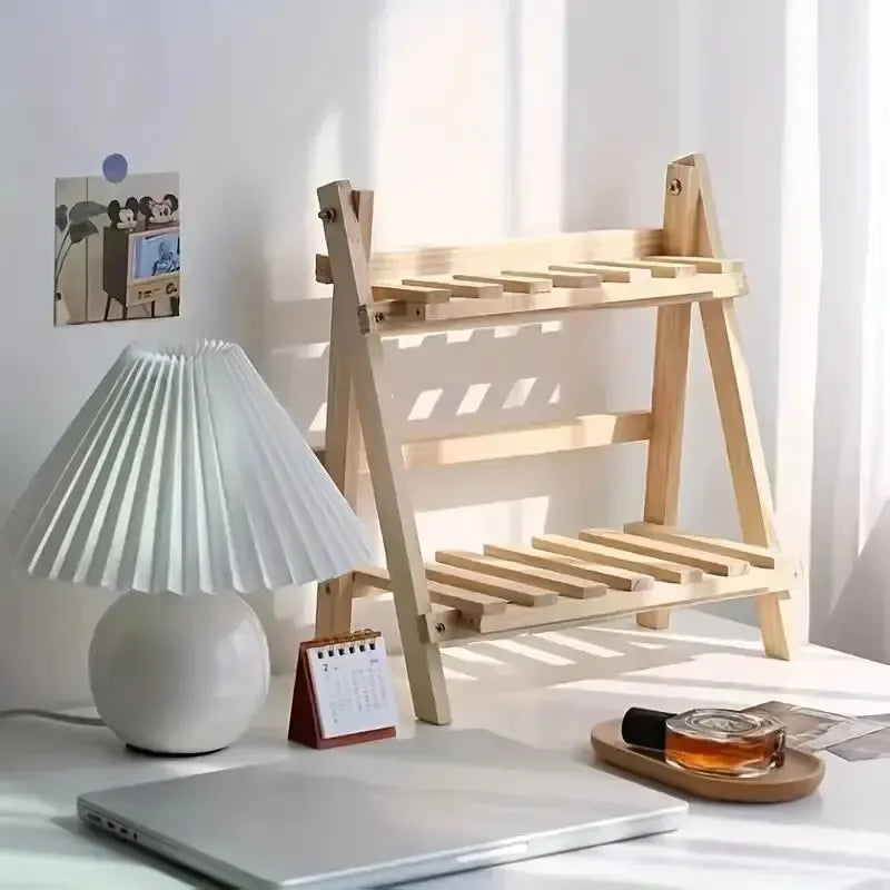 2-Step Desktop Storage Organizer Foldable 2 Tier Ladder Plant Stand Wood Display Shelf Decorative Storage Rack for Table Top