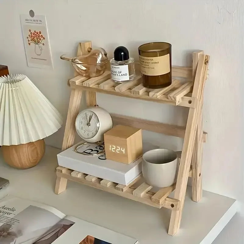 2-Step Desktop Storage Organizer Foldable 2 Tier Ladder Plant Stand Wood Display Shelf Decorative Storage Rack for Table Top