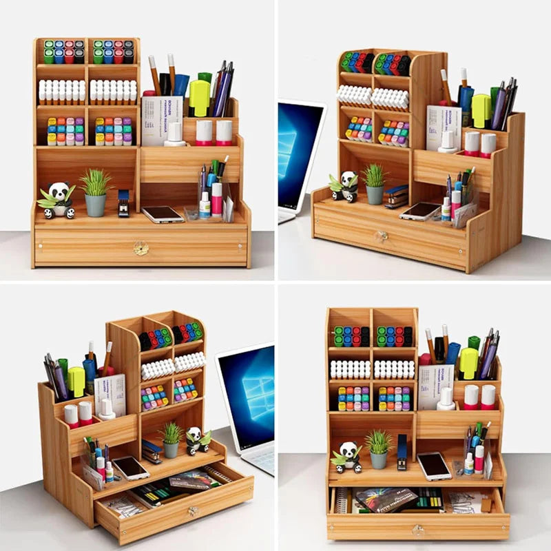Bamboo Desk Organizer - Makeup & Pen Storage with Drawer & Pencil Holder for Office Organization
