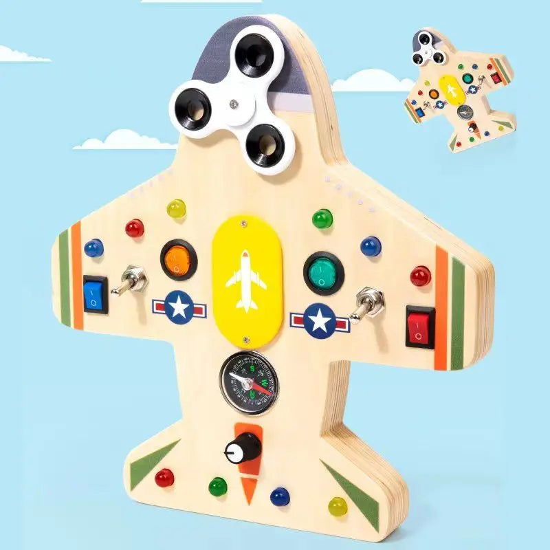 Busy Board Montessori Toys for Toddler, Wooden Sensory Board Switch Toy with Shape Sorter LED Light Up Toys Educational Plane Travel Activity for Girls & Boys