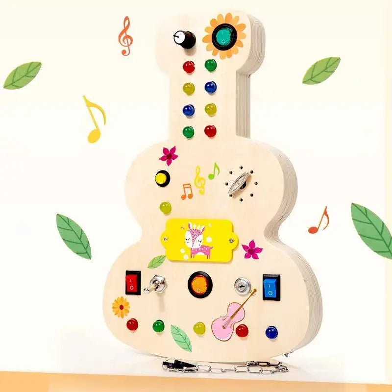 Busy Board Montessori Toys for Toddler, Wooden Sensory Board Switch Toy with Shape Sorter LED Light Up Toys Educational Plane Travel Activity for Girls & Boys