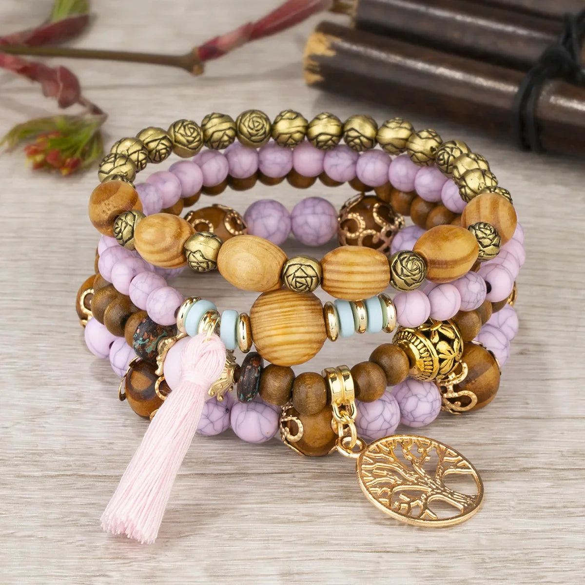 Tree of Life Bracelets for Women Bohemian Stretch Wood Beaded Bracelets for Women Boho Tassel Bracelet Multilayer Stackable Bracelets Christmas Birthday Jewelry for women.