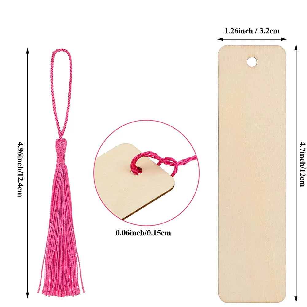 10/20/40/60 Pieces Wood Bookmark Blank Bulk Unfinished Bookmarks with Tassels DIY Craft Wooden Hanging Tag Ornaments with Holes for Back to School Classroom Christmas Gift