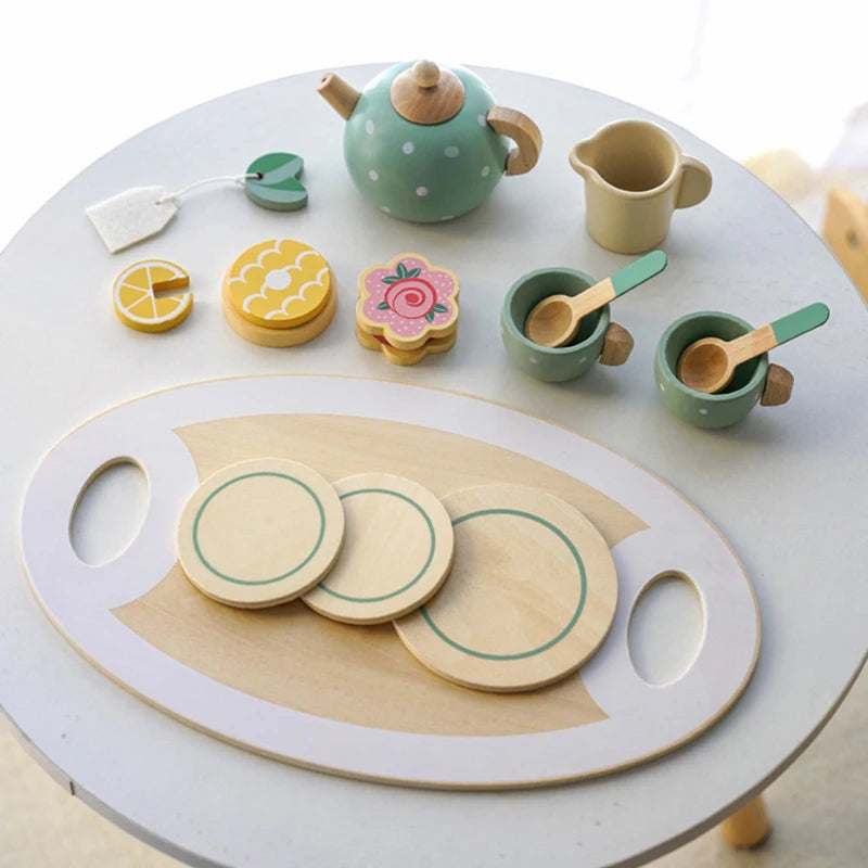 Wooden Tea Set for Little Girls Play Food Pretend Play Kitchen Accessories for 3 4 5 Years Old Girls and Boys Toddler Princess Tea Time Party Food Toys