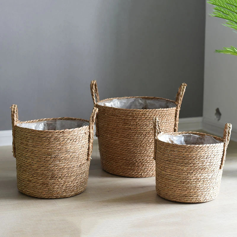 Plant Basket, Plant Baskets Indoor with Plastic Liner, Water Hyacinth Woven Planters Flower Basket, Planter Basket for Rustic Boho Home Farmhouse Floor Potted Pots Decor