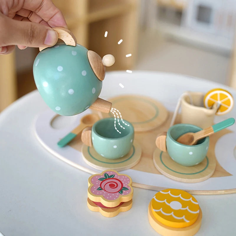 Wooden Tea Set for Little Girls Play Food Pretend Play Kitchen Accessories for 3 4 5 Years Old Girls and Boys Toddler Princess Tea Time Party Food Toys