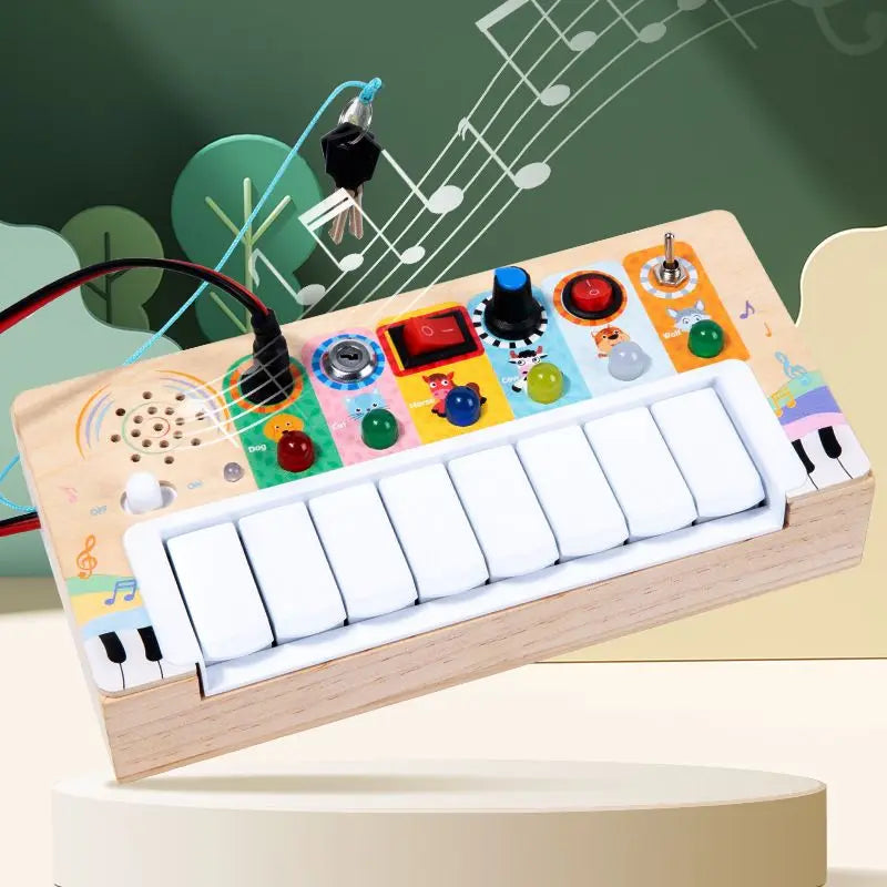 Busy Board Montessori Toys for Toddler, Wooden Sensory Board Switch Toy with Shape Sorter LED Light Up Toys Educational Plane Travel Activity for Girls & Boys