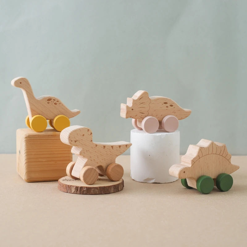 Wooden Dinosaur Cars Montessori Toys for Babies Baby Push Car Toys Wooden Toy Vehicles Development and Infant Grasping Montessori Toys