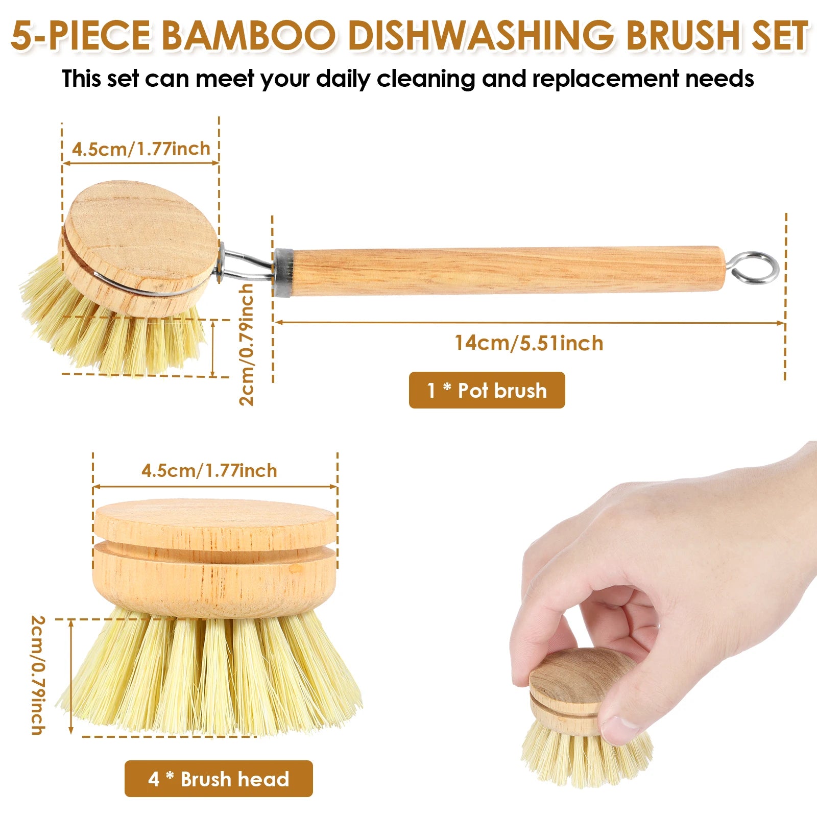 4/5 Piece Bamboo Dish Brush Set with Coconut Sponge - Wooden Dish Brush with Sisal and Palm Fiber, Natural Bamboo Dish Scrub Brush for Kitchen Cleaning Dishes, Pots, Pans, Bottles, Vegetables