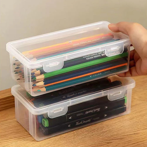 1 Pack Pencil Case, Clear Pencil Box with Stickers, Large Plastic Crayon Box with Snap-tight Lid, Stackable Storage Box Art Craft Marker Organizer Box for Kids Boys Back to School, Clear