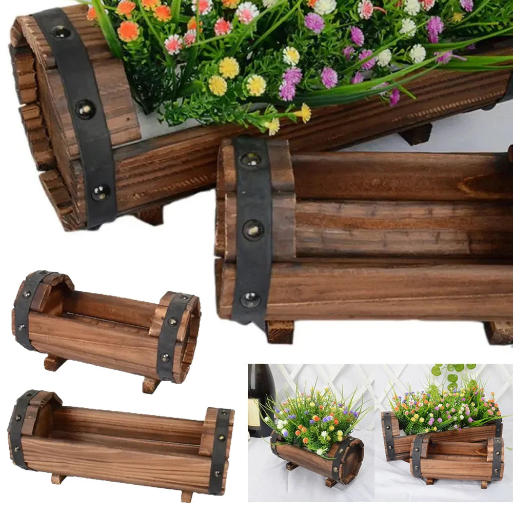 Rustic Half Barrel Planters 2 Pack Wood Planter Boxes, Outdoor Wood Flower Pots Wooden Planters for Garden, Patio, Balcony