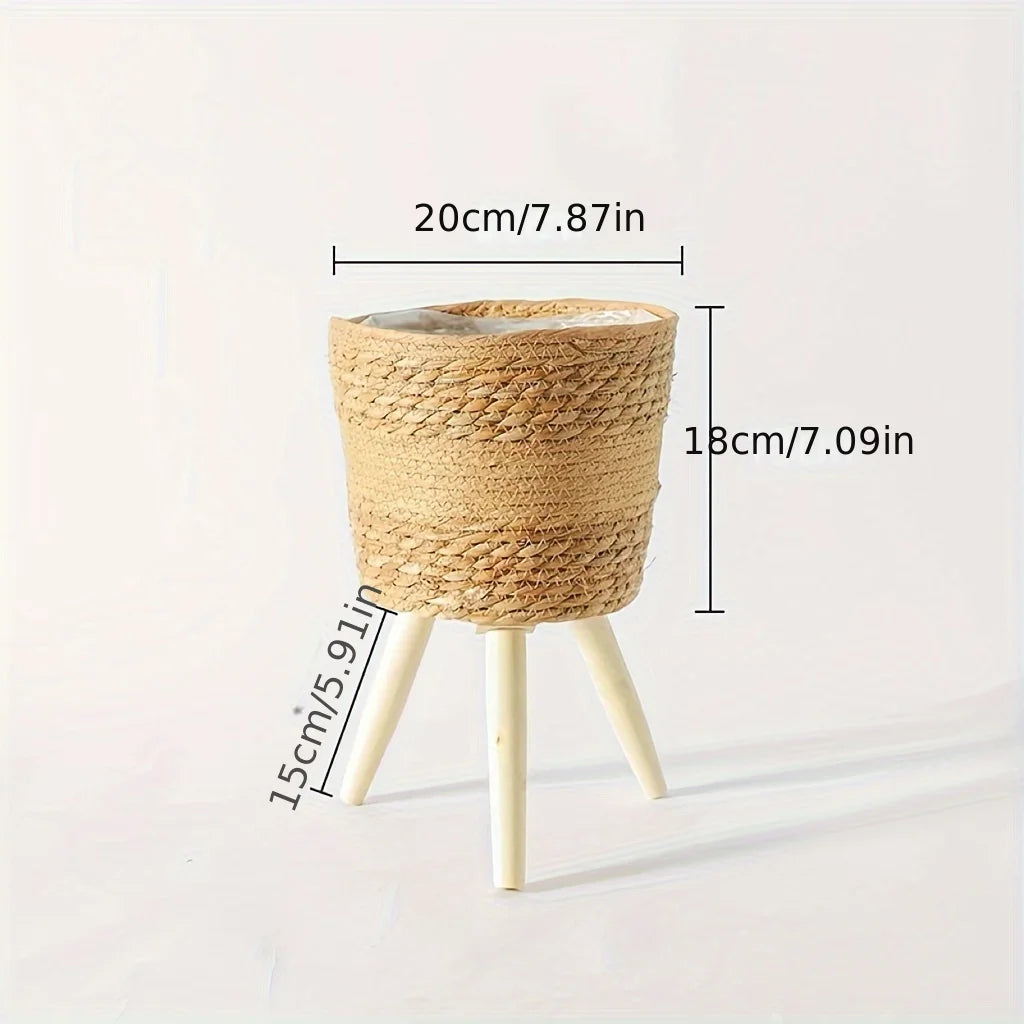 Floor Planter Stand Floor Plant Stand Garden Decoration Rack Indoor Rattan Basket Wicker Round Riser Stand Indoor Plants Hamper Wood Planter Basket Plant Basket Wooden