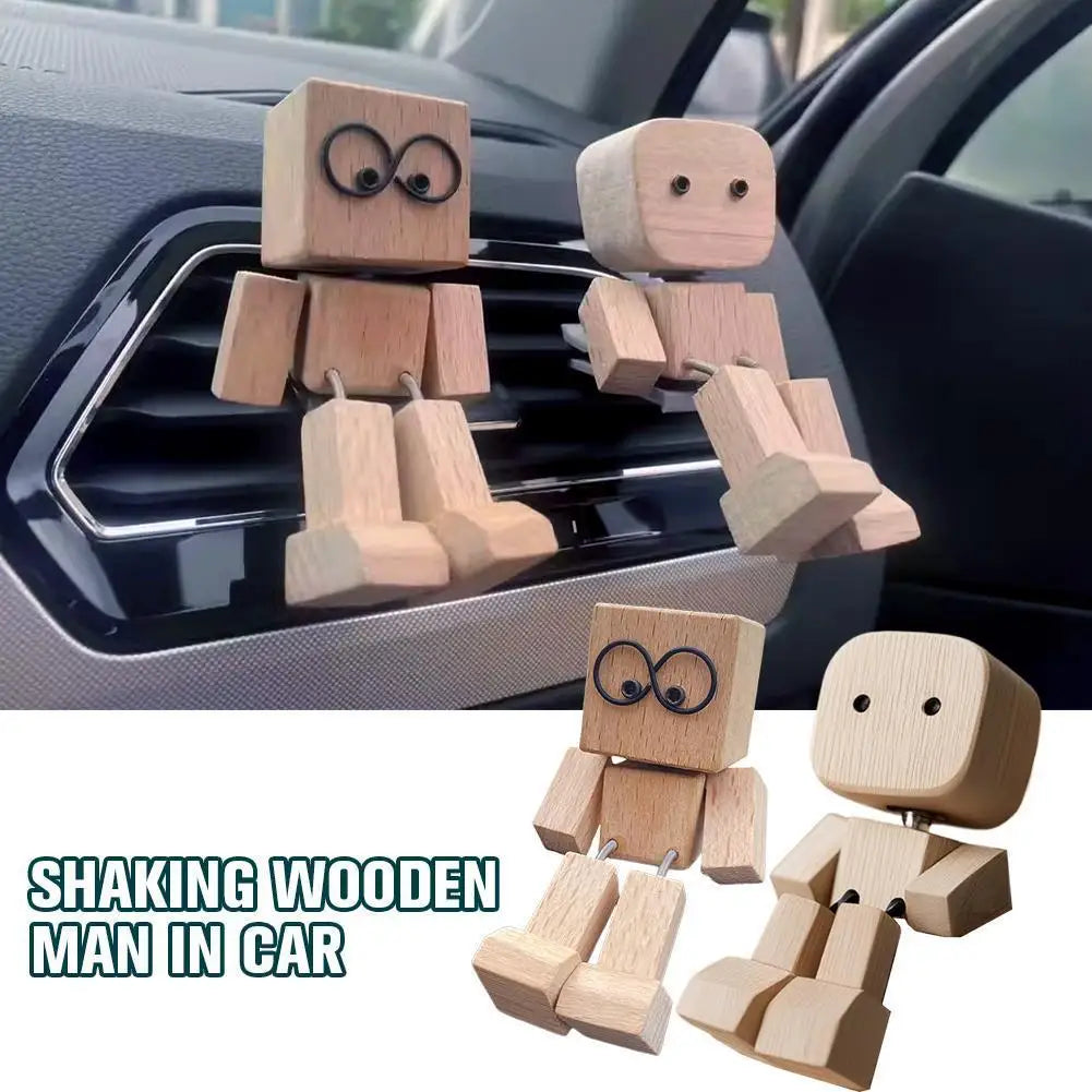 Shaking Wooden Man Figurine, Handmade Shaking Feet Wooden Doll, Car Ornaments,Funny Wood Desktop Decor, Creative Gifts Commutes with Multiple Magnetic Decorations, Car Dashboard Decorations