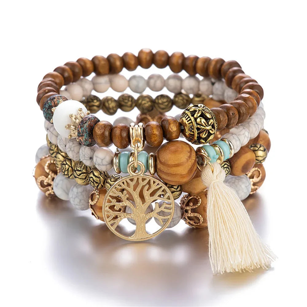 Tree of Life Bracelets for Women Bohemian Stretch Wood Beaded Bracelets for Women Boho Tassel Bracelet Multilayer Stackable Bracelets Christmas Birthday Jewelry for women.